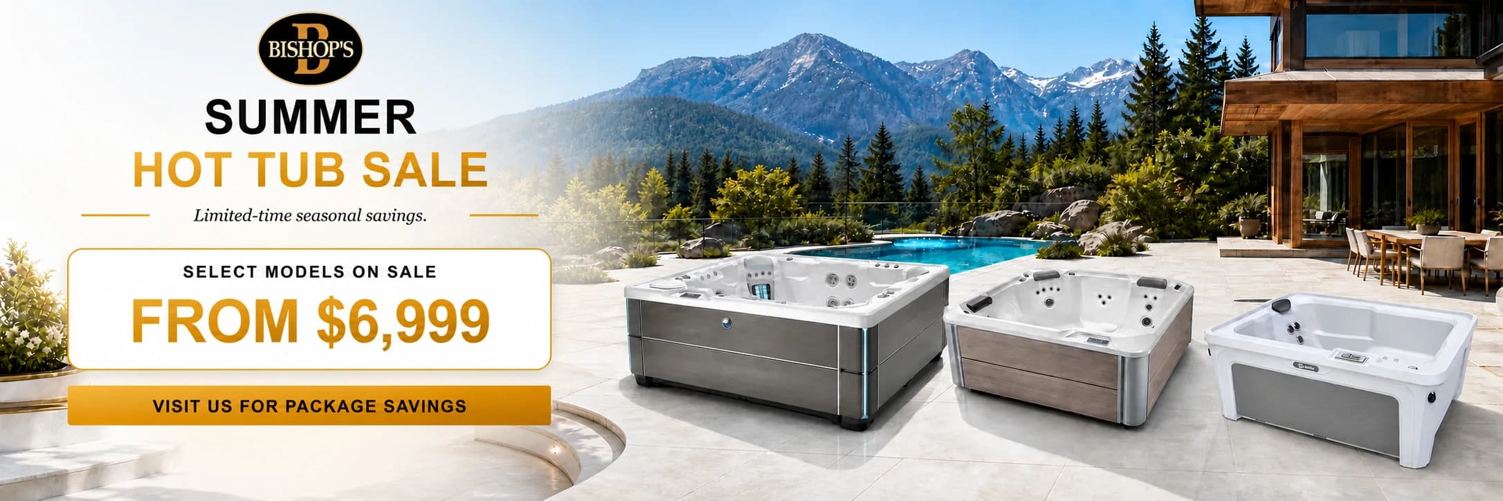 Hot tub sale in a sunny Canadian backyard with real Bishop's catalog models