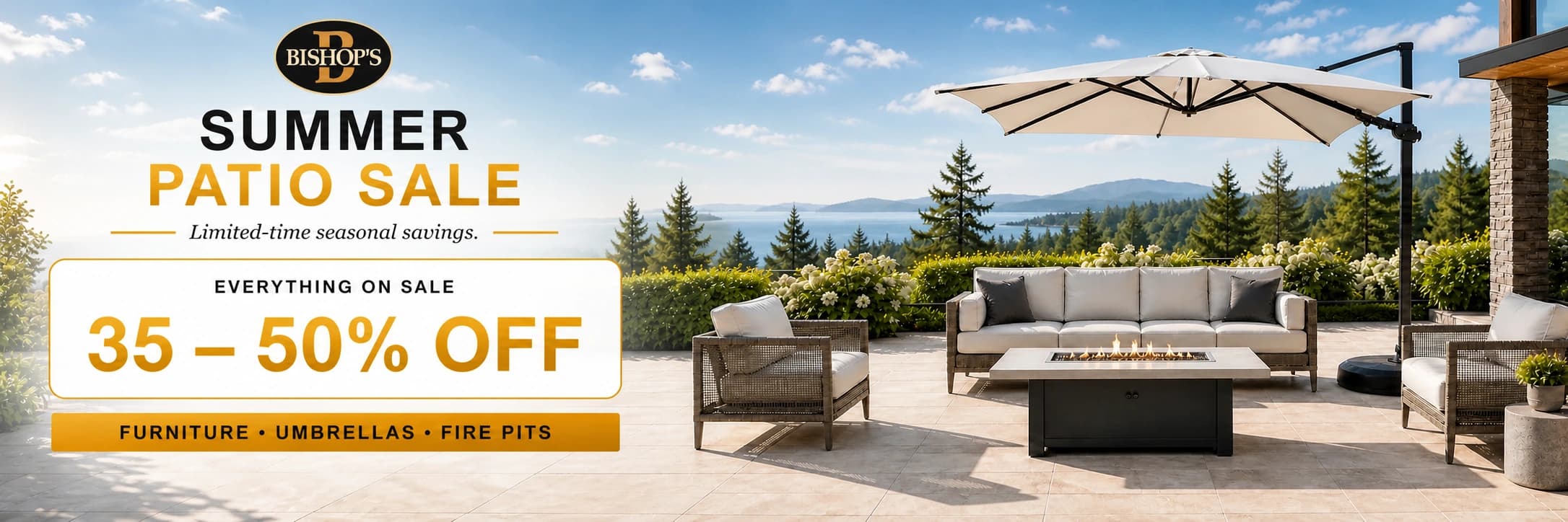 Summer patio sale with outdoor furniture, umbrellas, and fire pits in a bright British Columbia backyard
