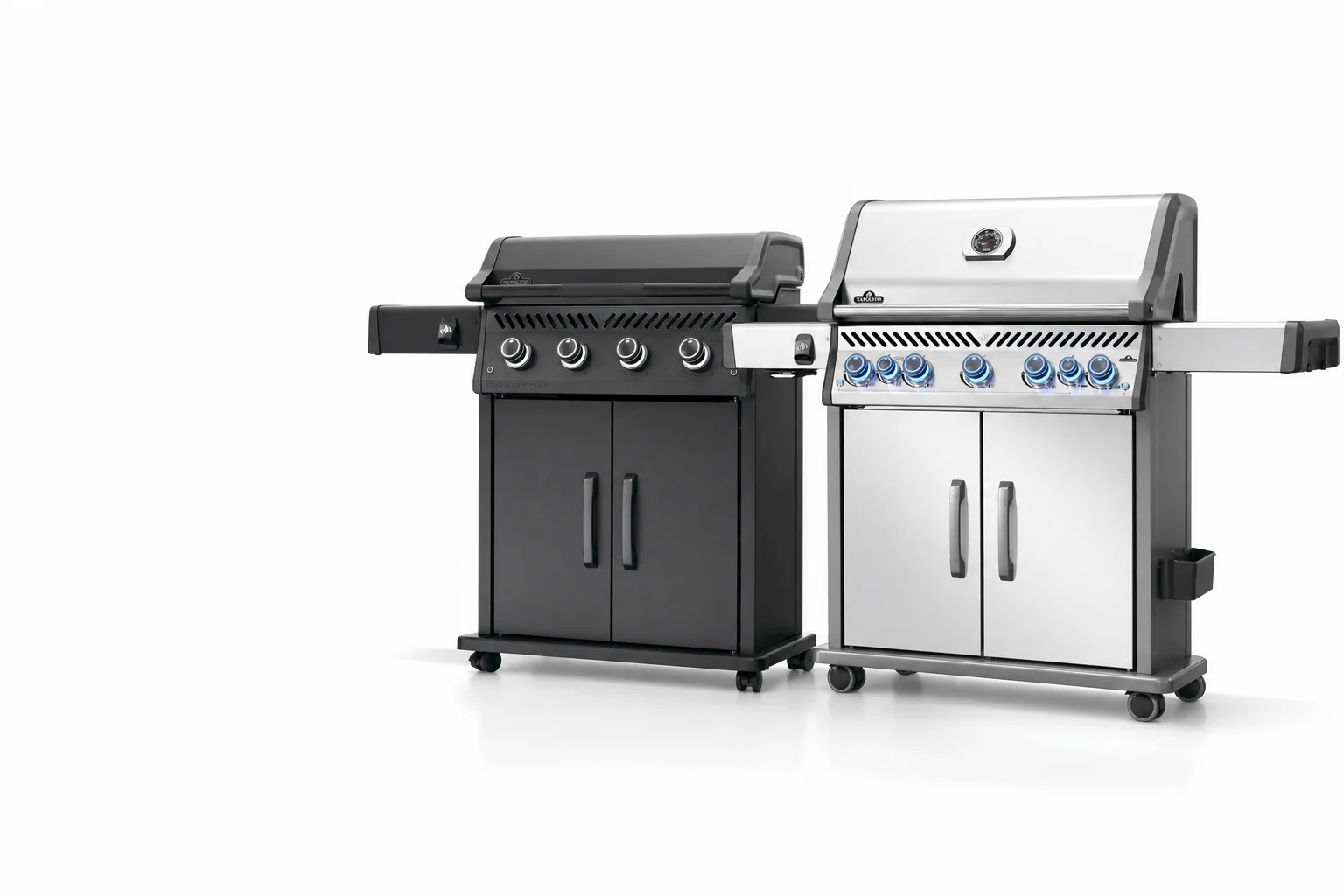 Napoleon Rogue gas grill and Rogue PRO griddle on a white background