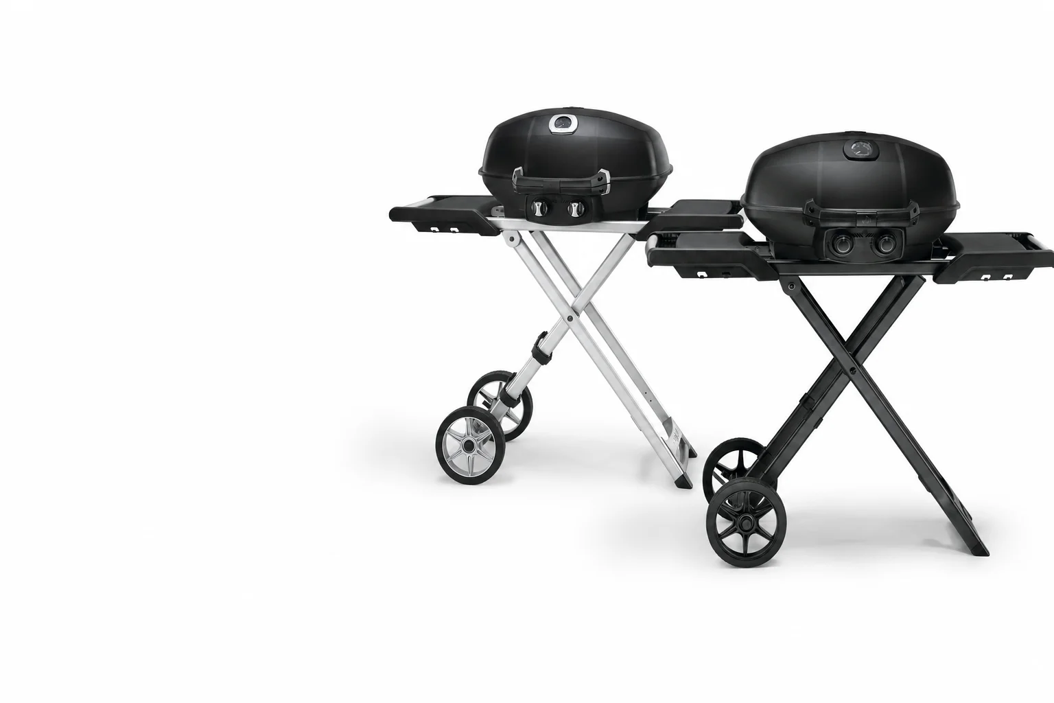 Two Napoleon TravelQ portable grills on folding carts on a white background