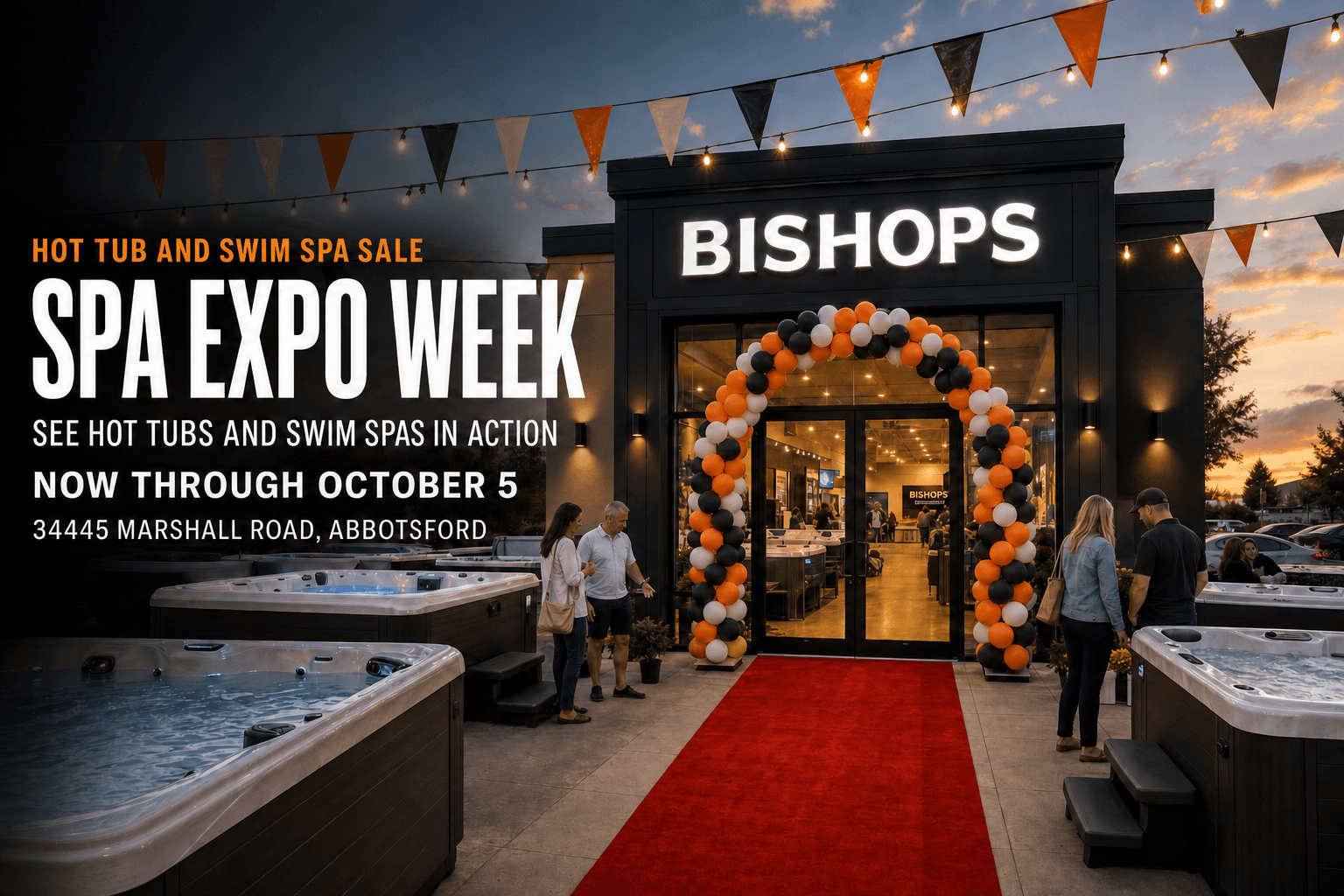 Bishop’s Spa Expo Week invitation - hot tubs and swim spas on the showroom floor at the Abbotsford storefront, now through October 5