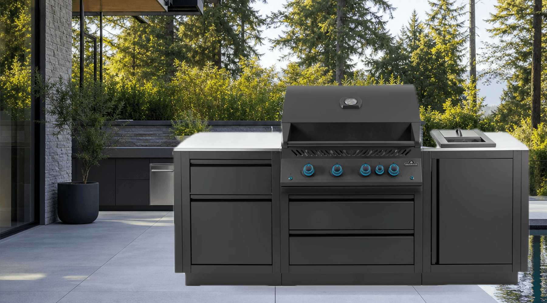 Napoleon OASIS outdoor kitchen in a modern poolside backyard
