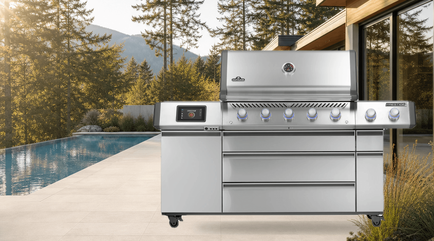 Napoleon Prestige PRO 665 Elite in a modern poolside backyard