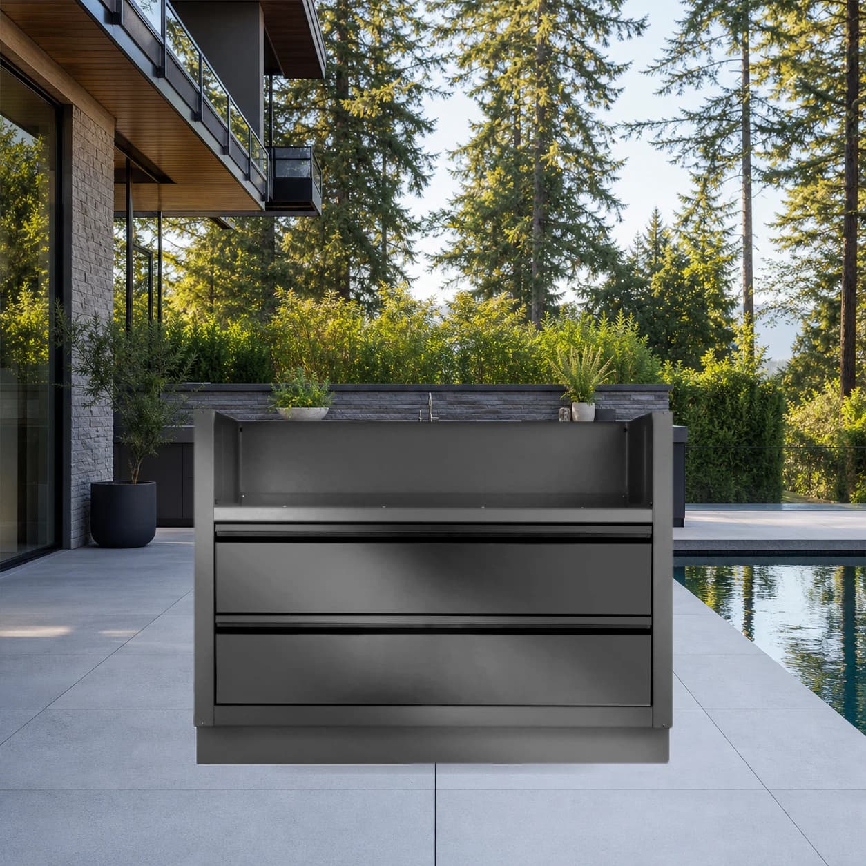 OASIS® Under Grill Cabinet for Built-in 700 Series 44, Matte Black in a modern poolside backyard