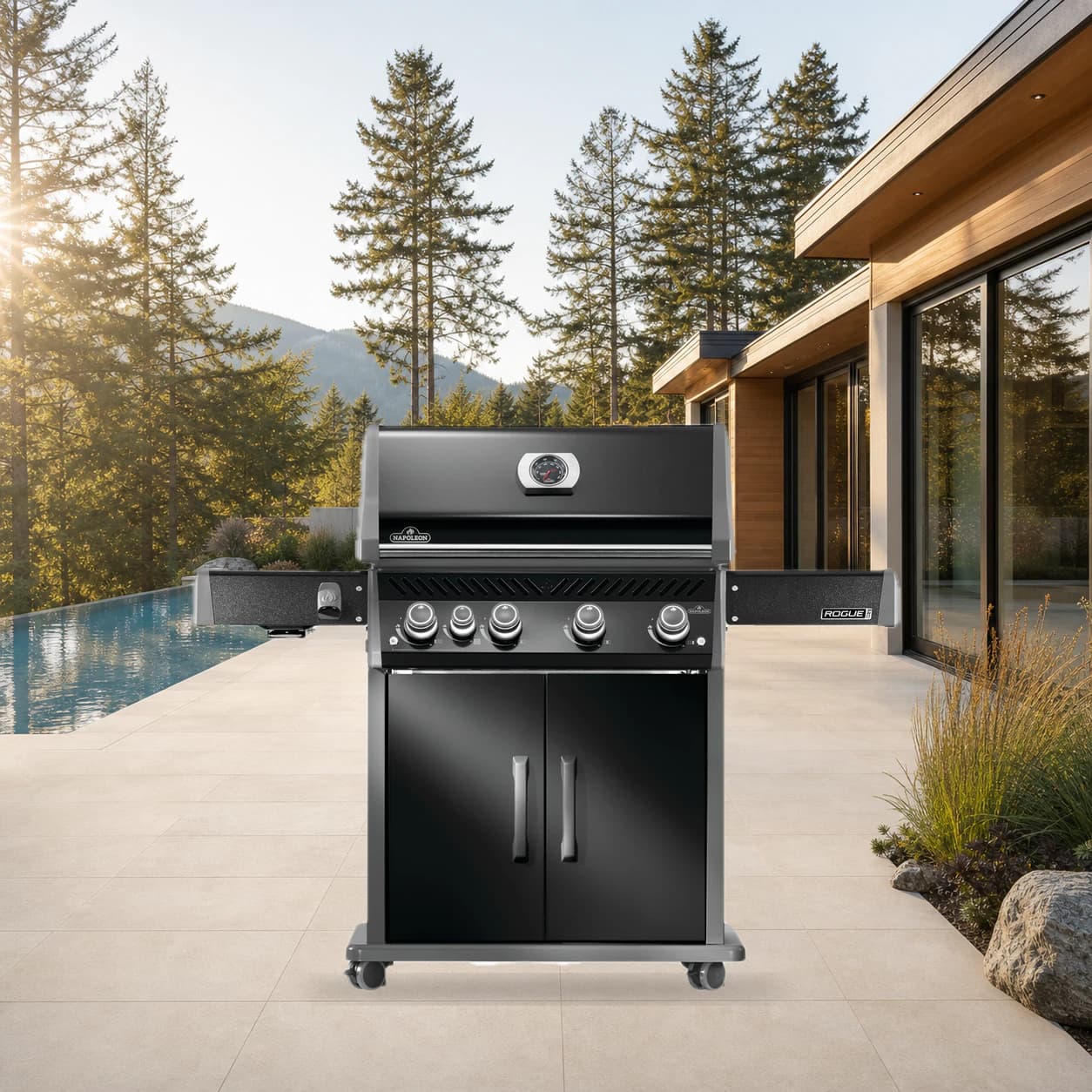 Rogue® PRO 525 Propane Gas Grill with Infrared Side Burner, Black in a modern poolside backyard
