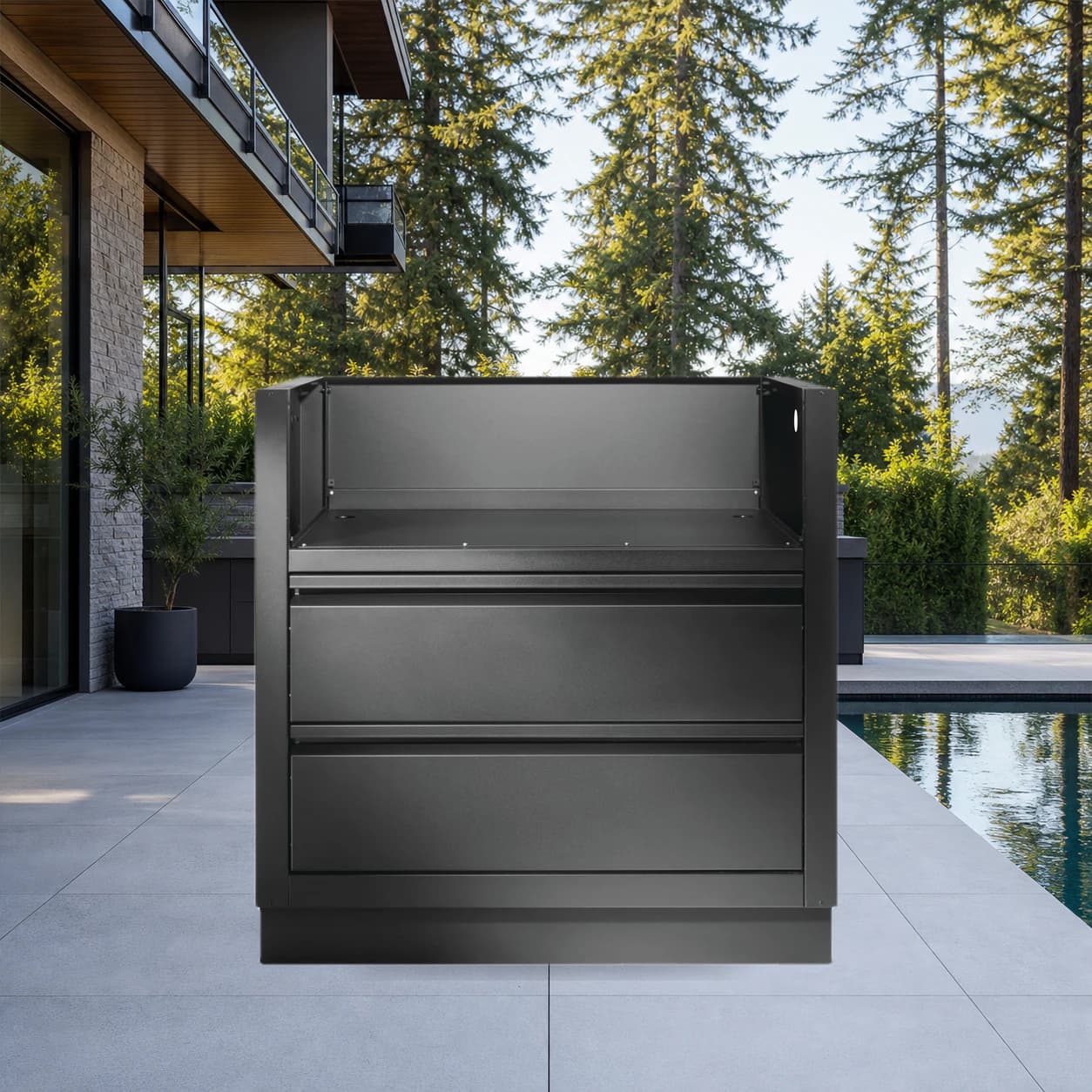 OASIS® Under Grill Cabinet for Built-in BIG32, BI32, BIG32FT, Matte Black in a modern poolside backyard