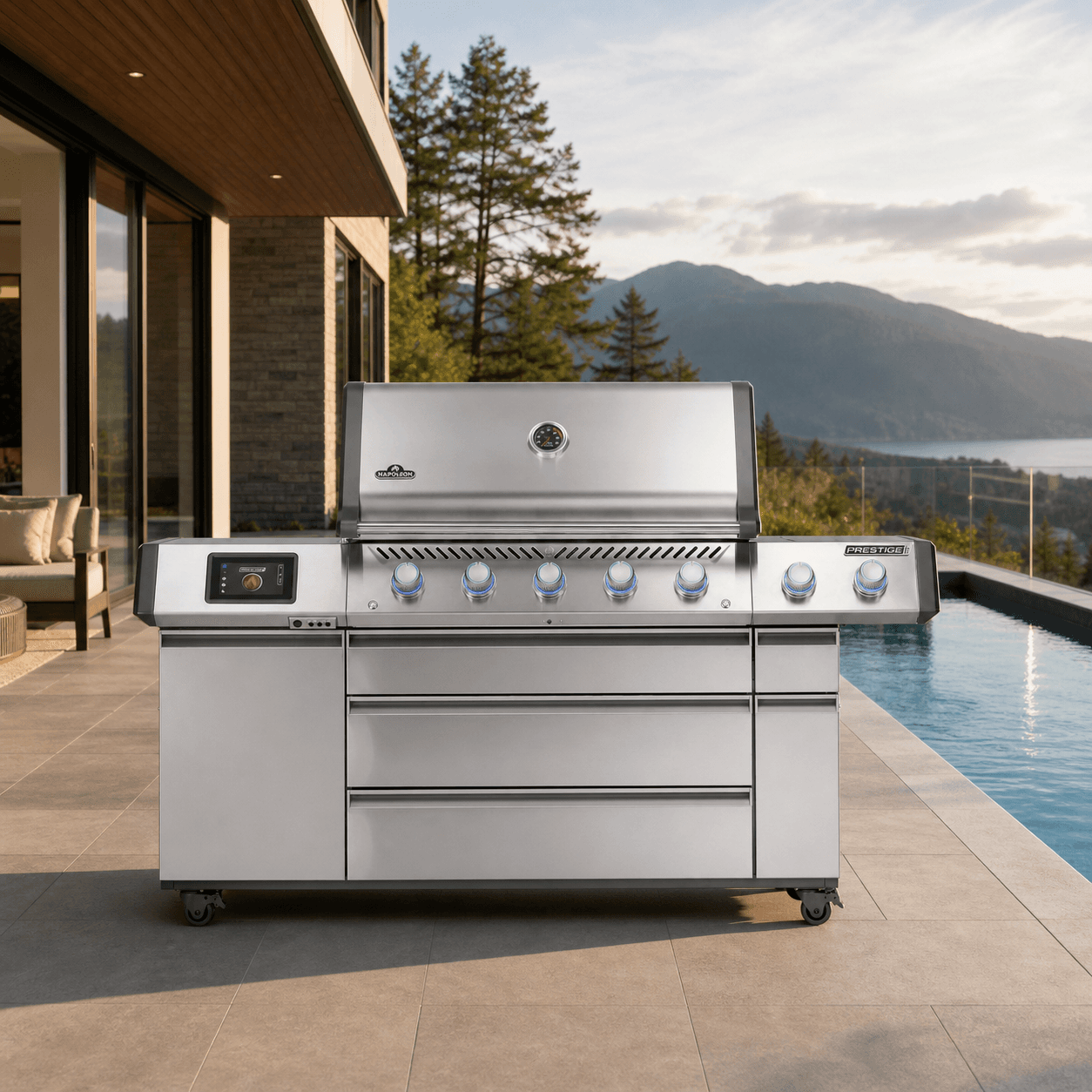 Prestige® PRO 665 Elite Natural Gas Grill with Smart Technology & Electric Smoker Box in a modern poolside backyard