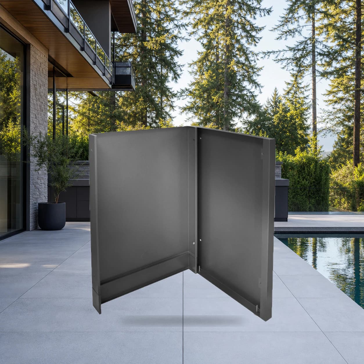 OASIS® Enclosure Kit for Fridge - End of Run, Matte Black in a modern poolside backyard