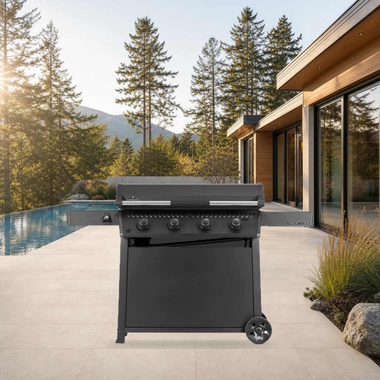 Freestyle™ 36 Inch Griddle, Rust-Resistant Stainless Steel Cooktop, Propane in a modern poolside backyard
