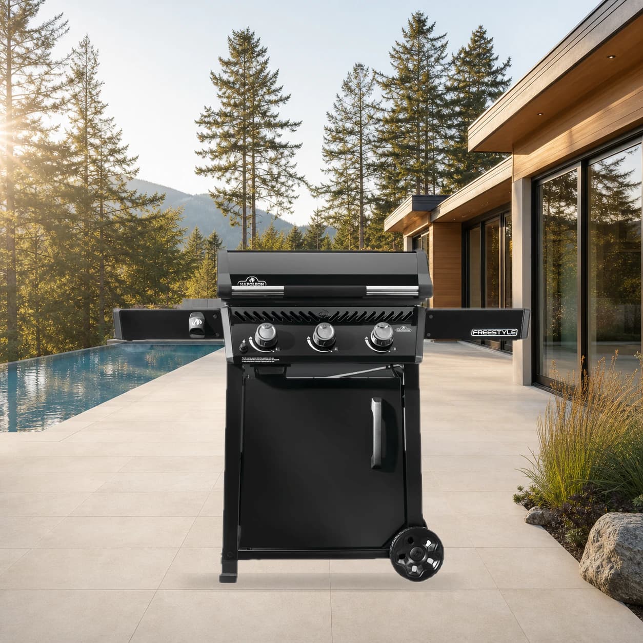 Freestyle™ 24 Inch Pre-seasoned Non-Stick Griddle, Propane in a modern poolside backyard