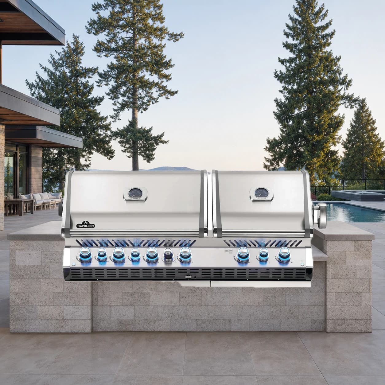 Built-in Prestige® PRO 825 Propane Gas Grill Head with Infrared Bottom and Rear Burner, Stainless Steel in a modern poolside backyard