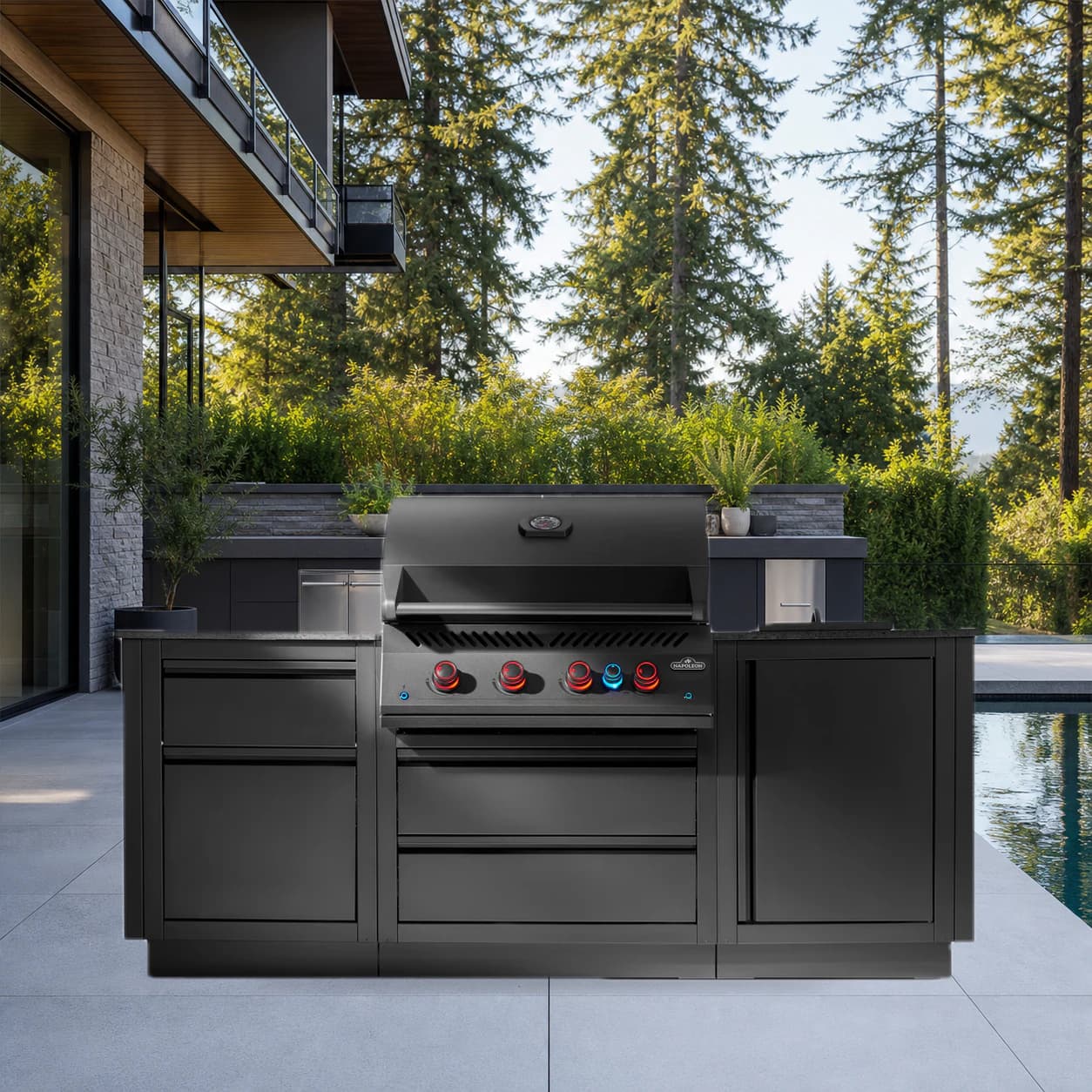 OASIS® 301 Outdoor Kitchen, Matte Black, Natural Gas, Series 32 in a modern poolside backyard
