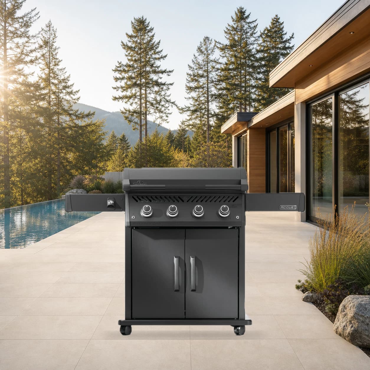 Rogue® PRO Phantom 30 Inch Griddle, Rust-Resistant Stainless Steel Cooktop, Natural Gas in a modern poolside backyard