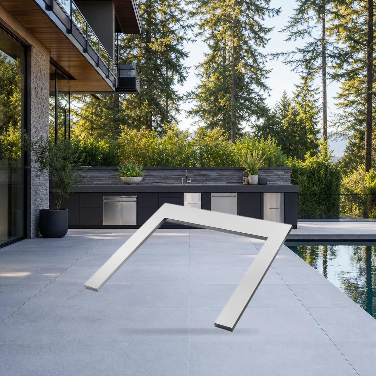 OASIS® 24" x 24" Stainless Steel Countertop with 18" Burner Cutout in a modern poolside backyard