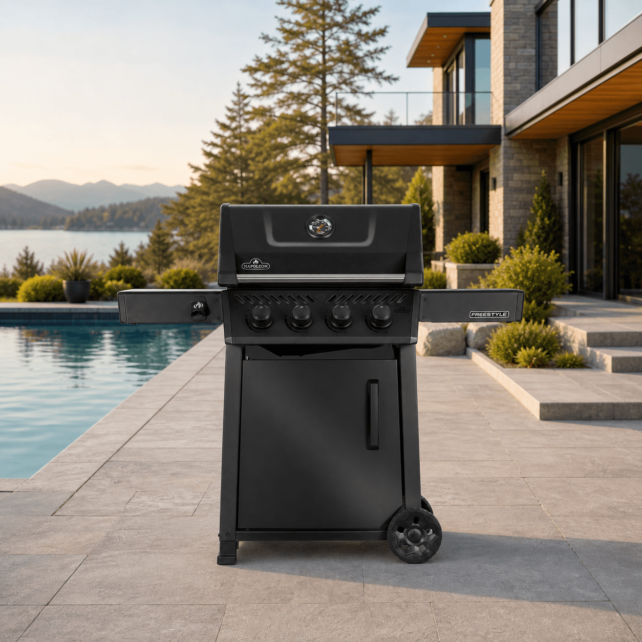 Freestyle™ 425 4-Burner Natural Gas Grill, Matte Black in a modern poolside backyard