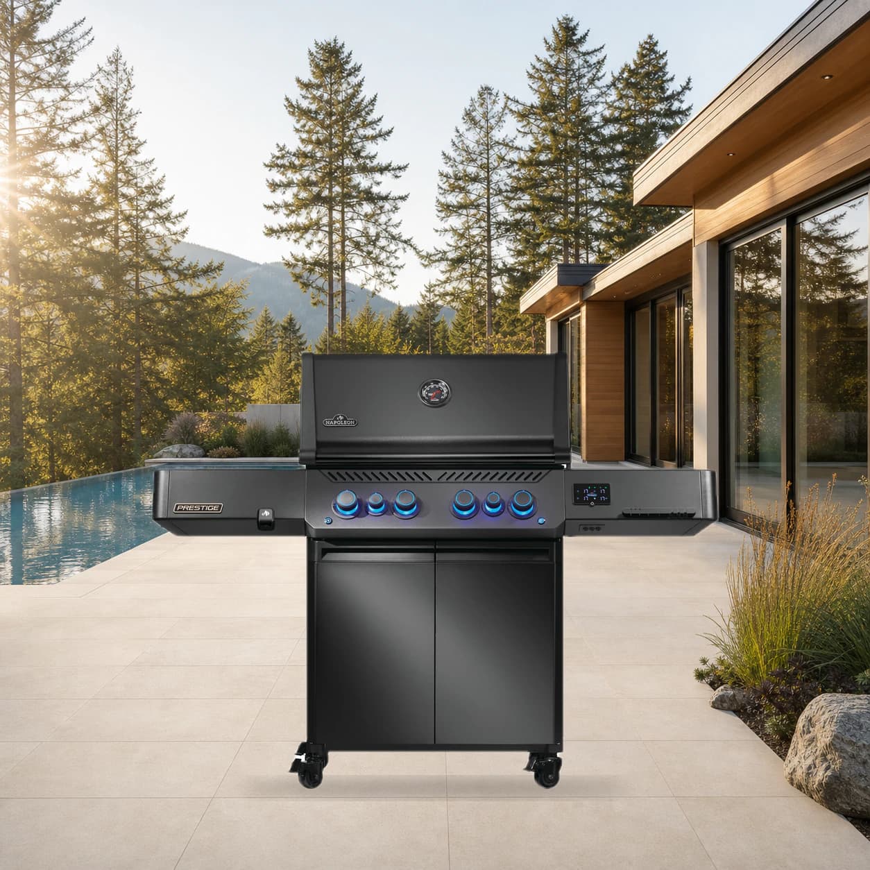 Phantom Prestige® 500 Connected, Natural Gas Grill with Infrared Side and Rear Burner, Matte Black in a modern poolside backyard