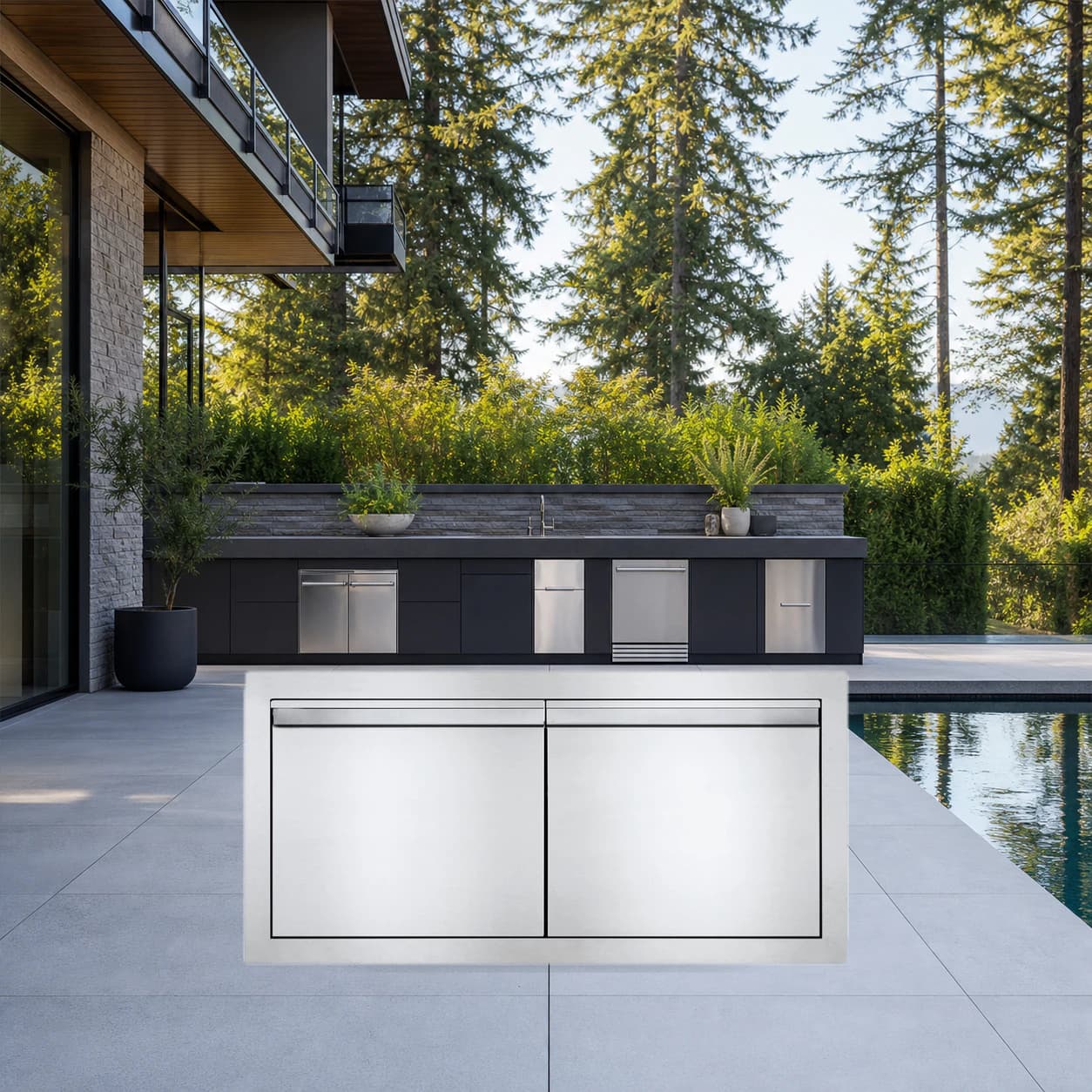 36" X 16" Small Double Door in a modern poolside backyard