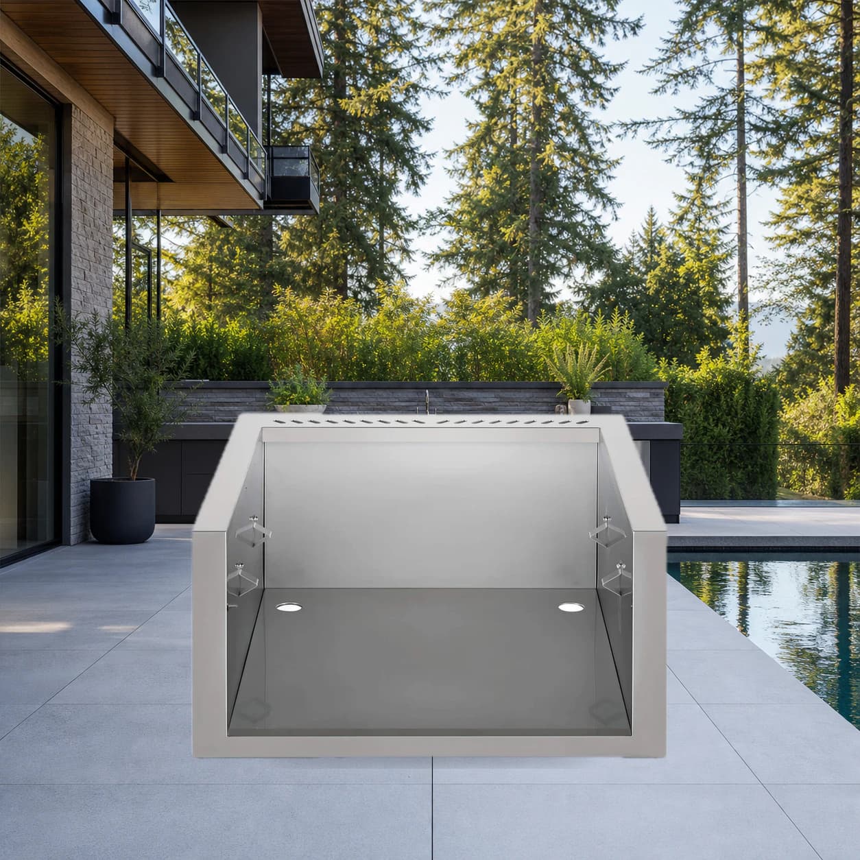 Zero Clearance Liner for Built-in 700 Series Dual Burners in a modern poolside backyard