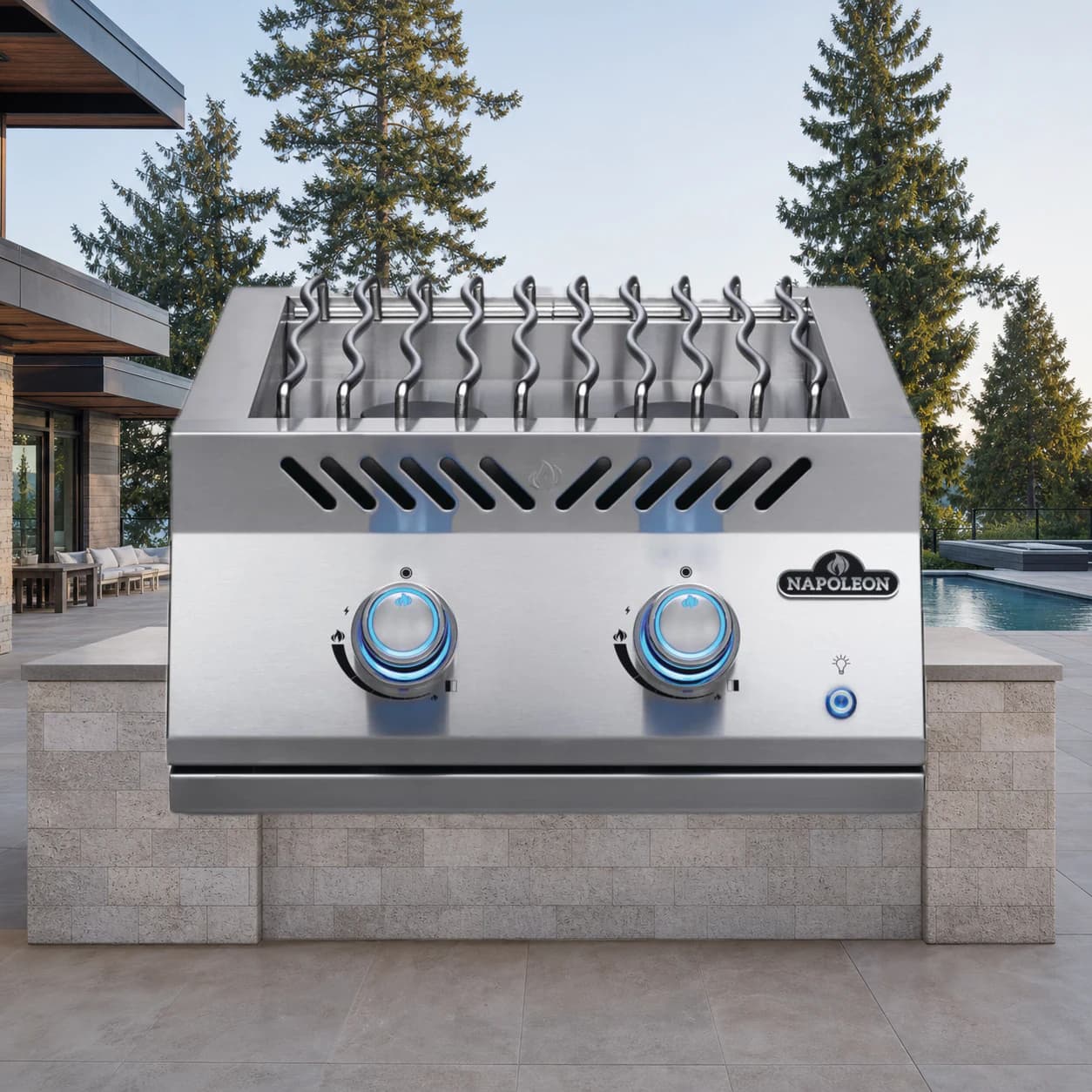 Built-In 700 Series 18" Dual Range Top Burner Propane, Stainless Steel in a modern poolside backyard