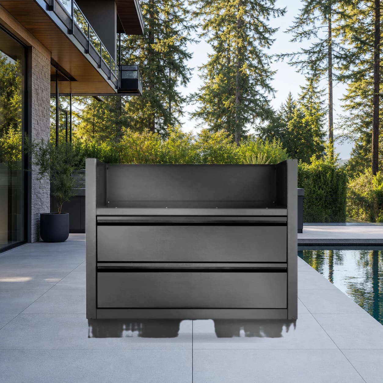 OASIS® Under Grill Cabinet for Built-in 700 Series 38, Matte Black in a modern poolside backyard