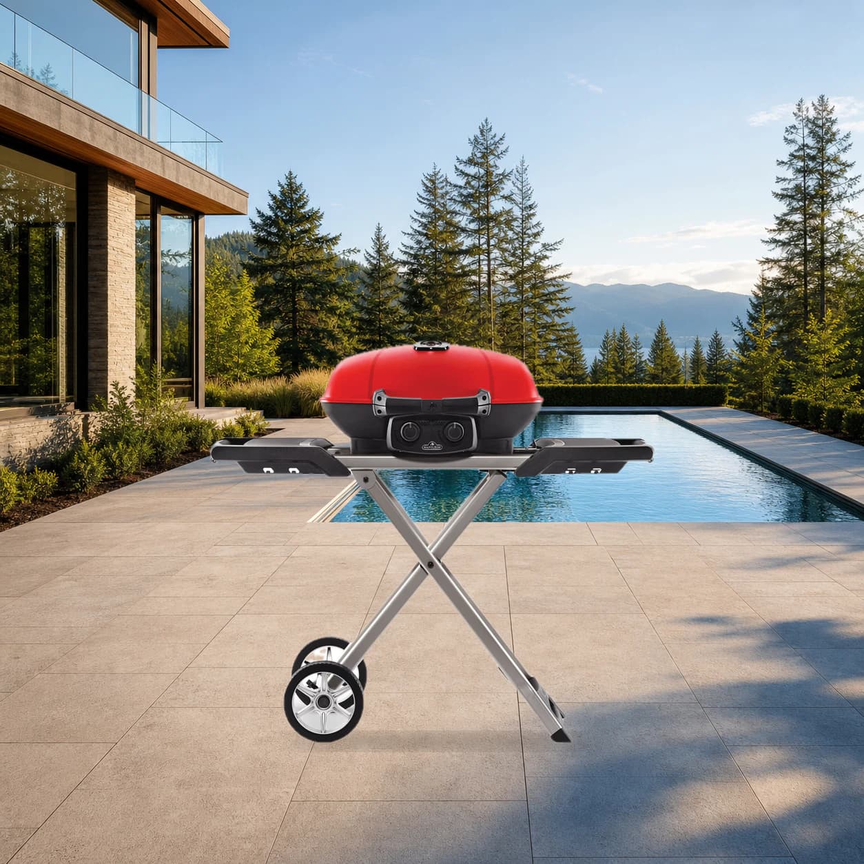 TravelQ™ 285X Portable Propane Gas Grill and Scissor Cart with Griddle, Red in a modern poolside backyard