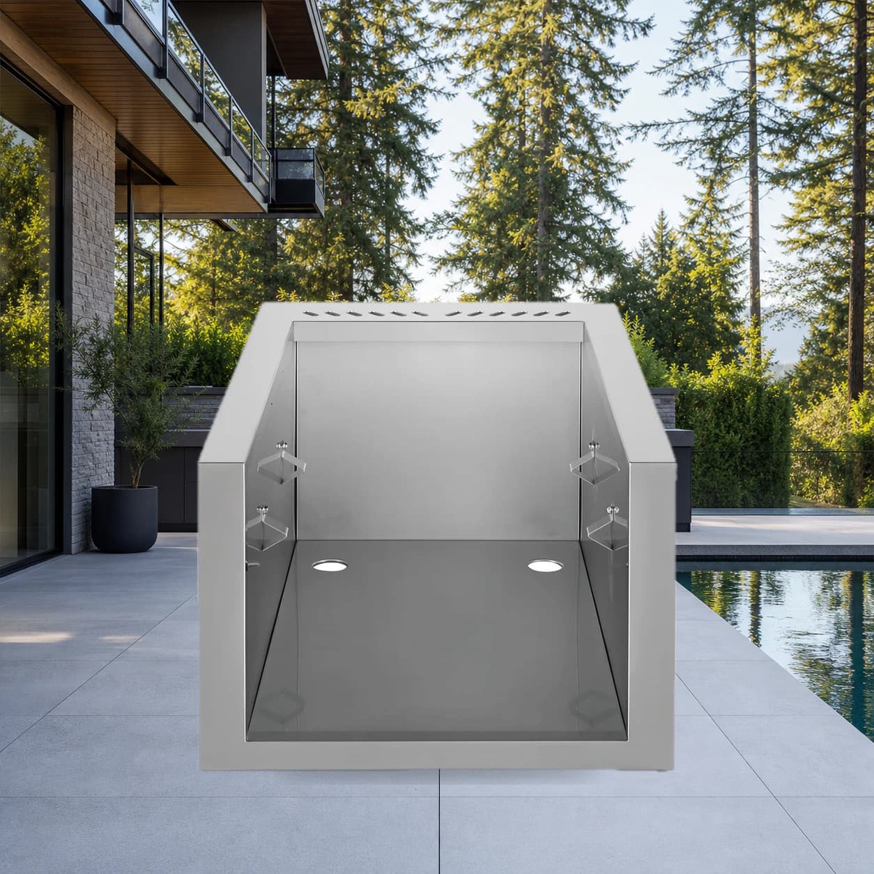 Zero Clearance Liner for Built-in 12 Side Burners in a modern poolside backyard