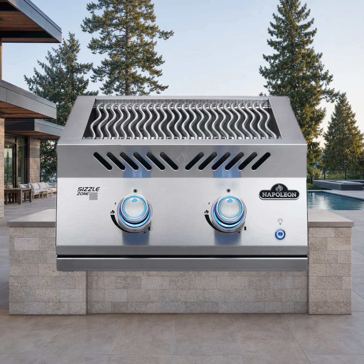 Built-In 700 Series 18" Dual Infrared Burner Natural Gas, Stainless Steel in a modern poolside backyard
