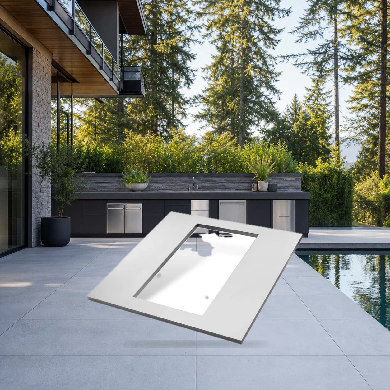 OASIS® 24" x 24" Stainless Steel Countertop with 10" Burner Cutout in a modern poolside backyard