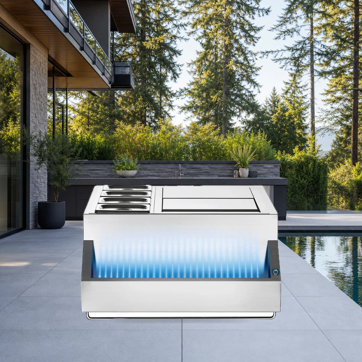 Multi-Functional Beverage Center in a modern poolside backyard