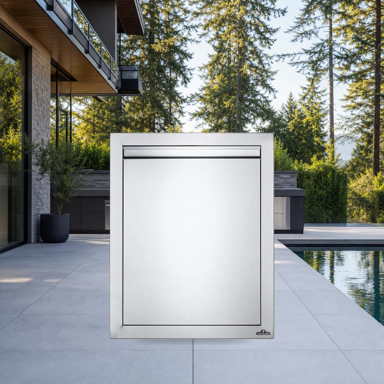 18" x 24" Reversible Single Door in a modern poolside backyard