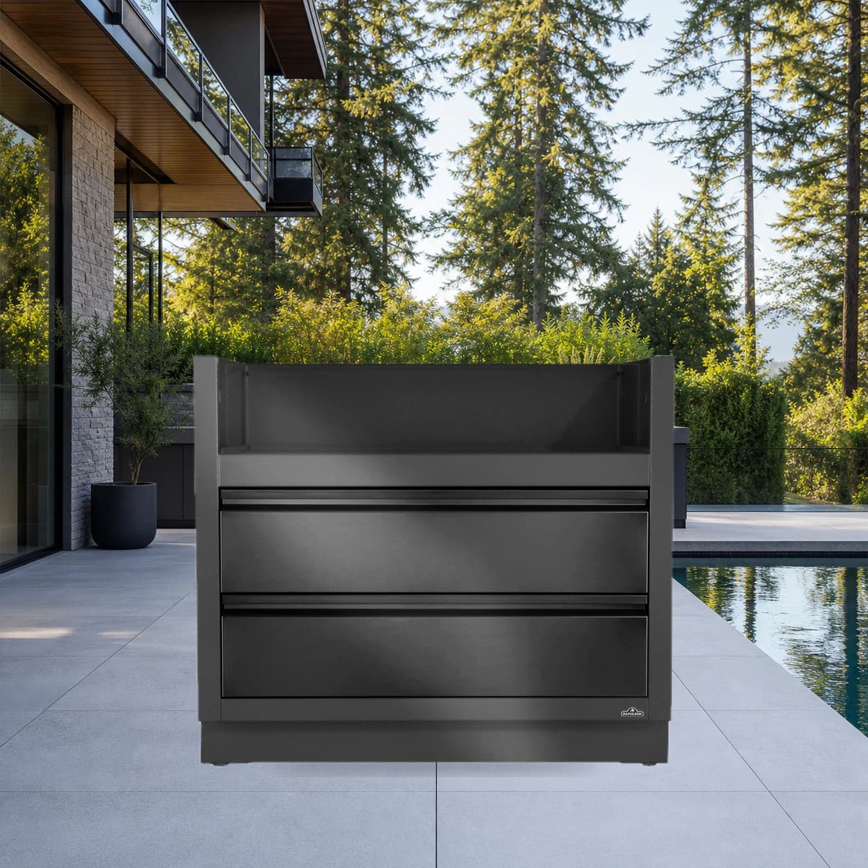 OASIS® Under Grill Cabinet for Built-in Prestige® PRO 665, Matte Black in a modern poolside backyard
