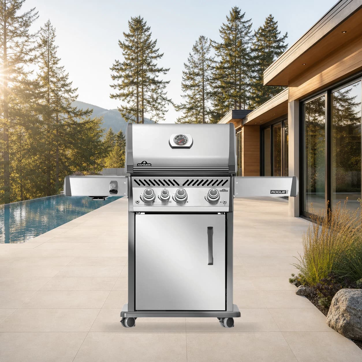 Rogue® PRO 425 Natural Gas Grill with Infrared Side Burner, Stainless Steel in a modern poolside backyard
