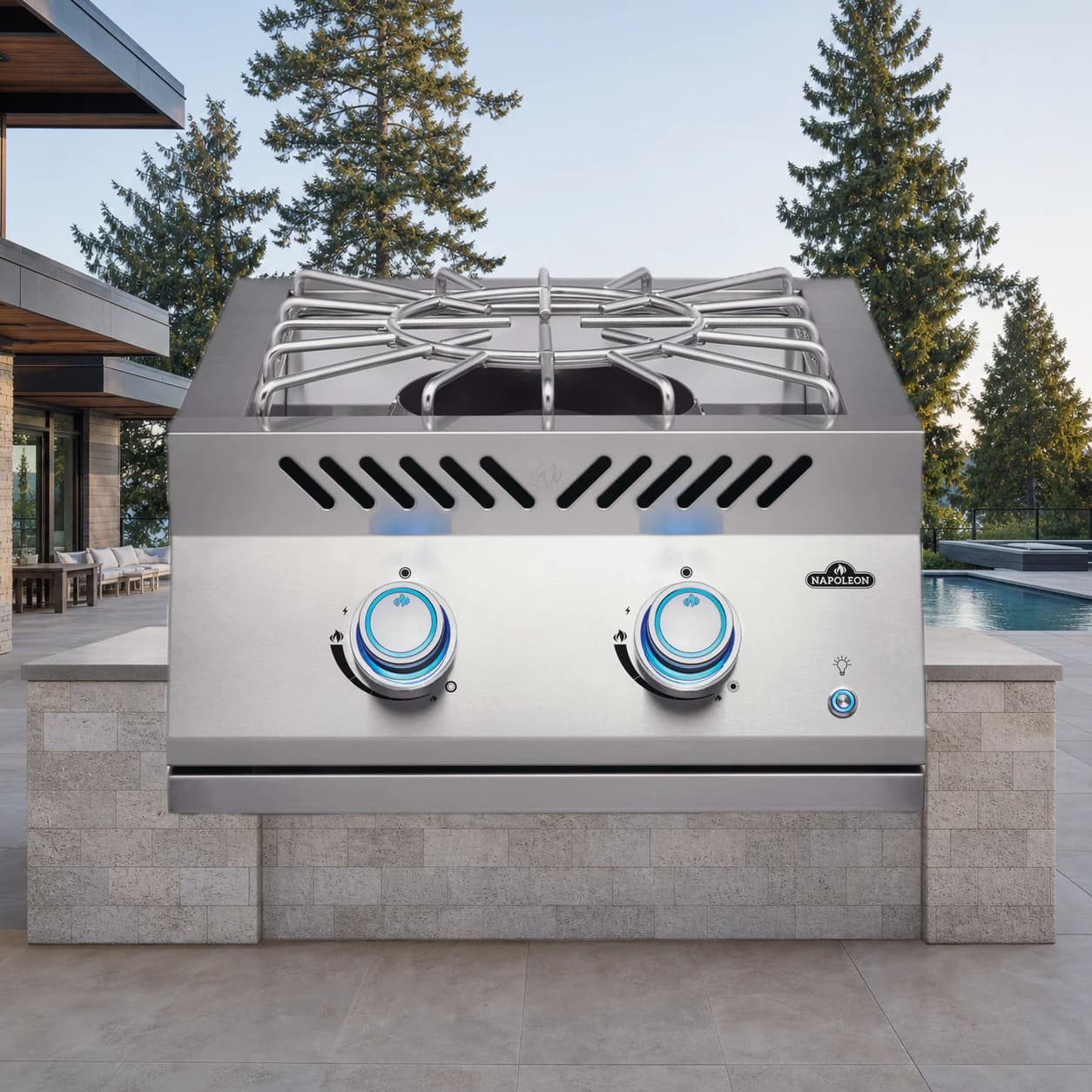 Built-In 700 Series 18" Power Burner Propane, Stainless Steel in a modern poolside backyard
