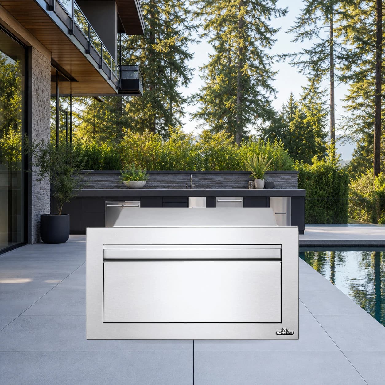 18" X 8" Single Drawer in a modern poolside backyard