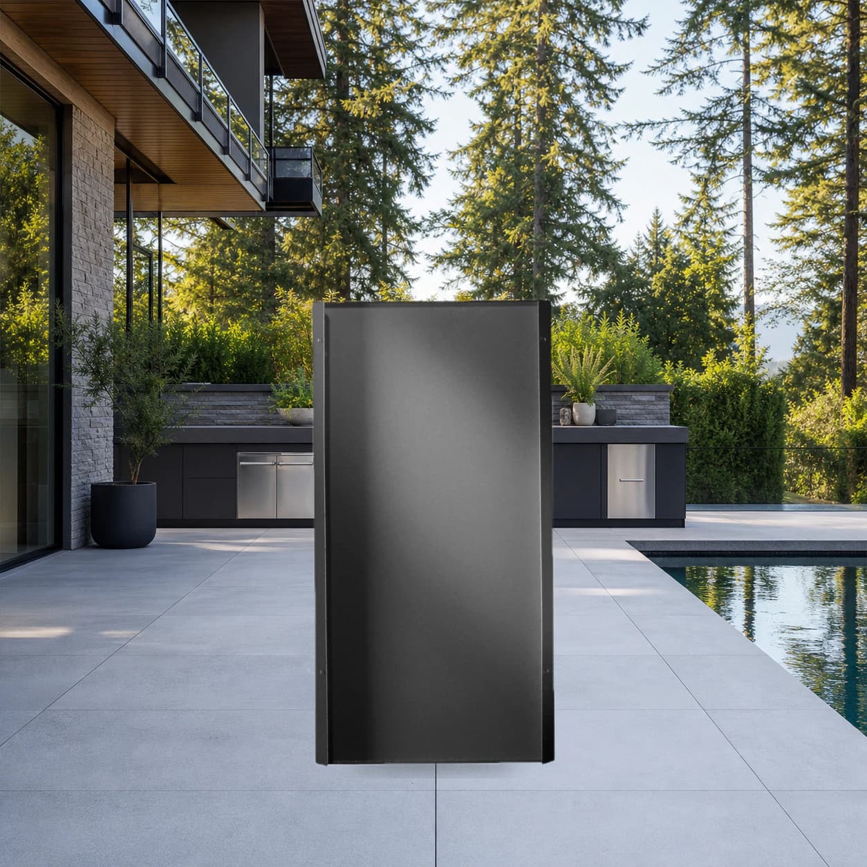 OASIS® 45° Transition Piece, Matte Black in a modern poolside backyard