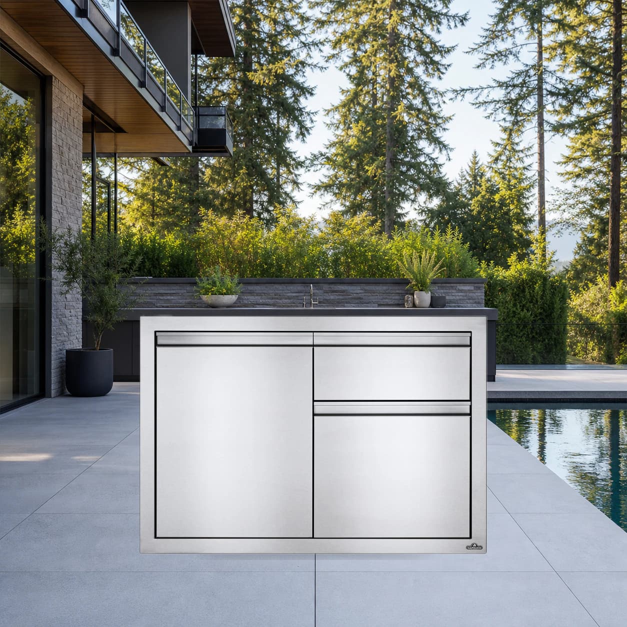 36" X 24" Single Door & Standard Drawer in a modern poolside backyard