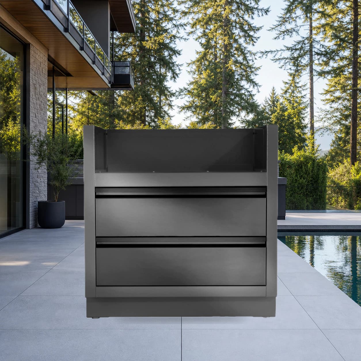 OASIS® Under Grill Cabinet for Built-in Prestige® PRO 500 or Prestige® 500, Matte Black in a modern poolside backyard