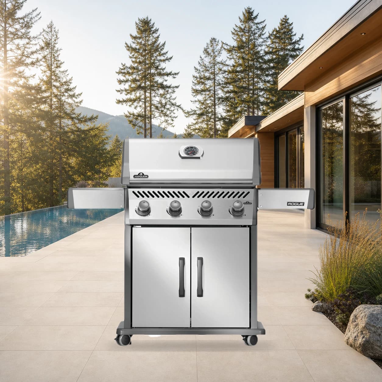 Rogue® 525 Natural Gas Grill, Stainless Steel in a modern poolside backyard