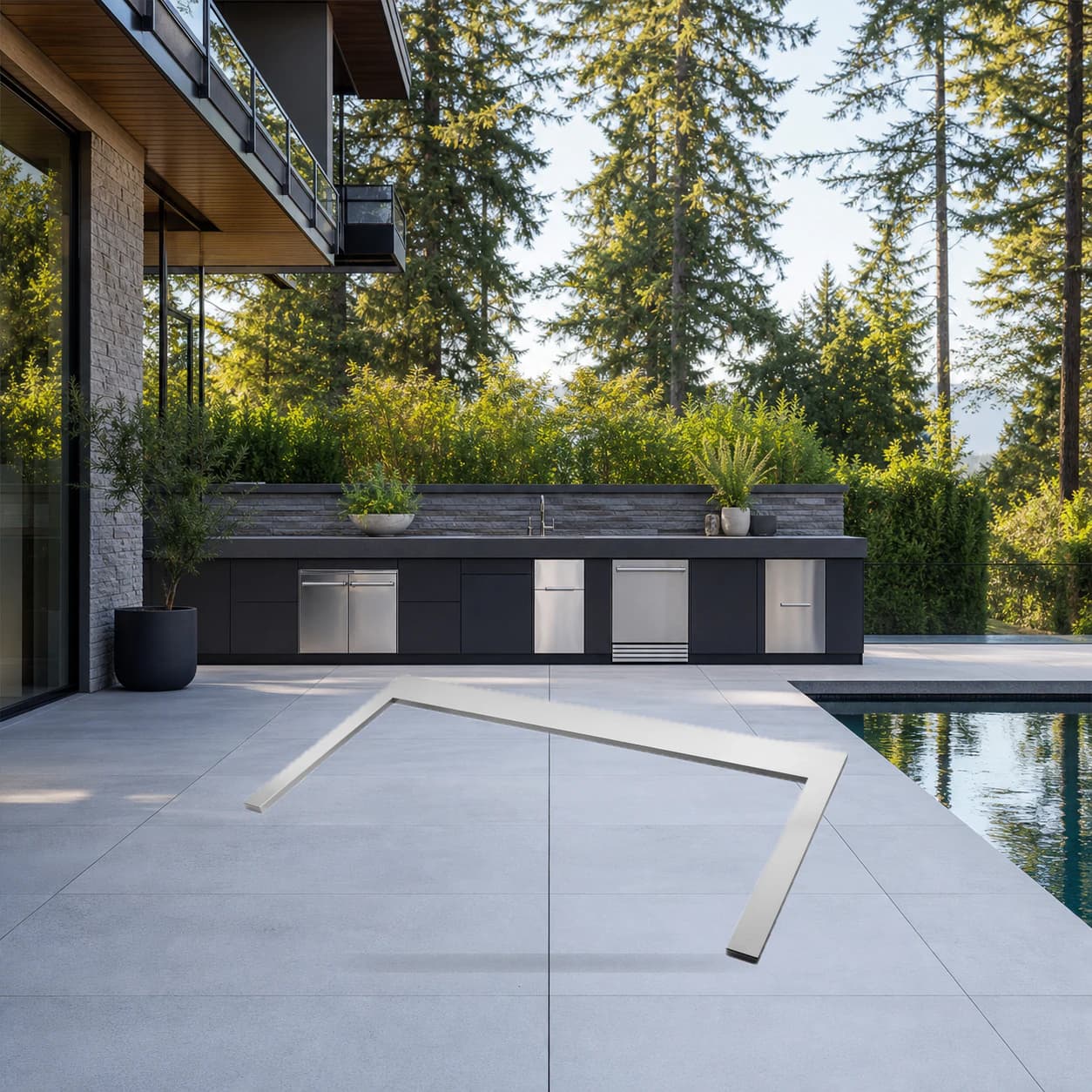 OASIS® 48" x 24" Stainless Steel Countertop for 44" Grill Head in a modern poolside backyard