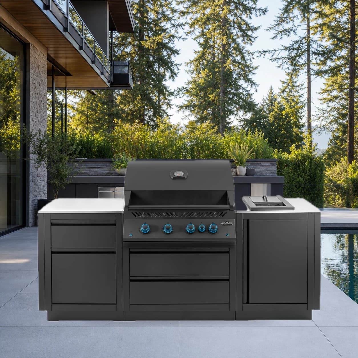 OASIS® Outdoor Kitchen Kit, Matte Black, Propane, Series 32 with Stainless Steel Countertops in a modern poolside backyard