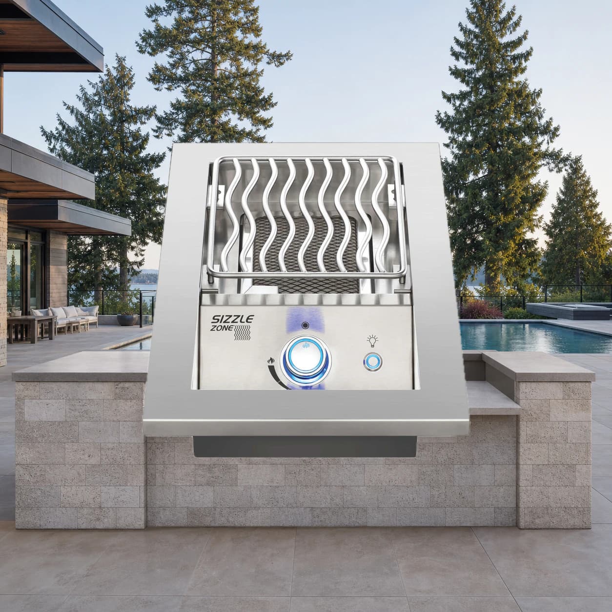 Built-In 700 Series 10" Single Infrared Burner Propane, Stainless Steel in a modern poolside backyard