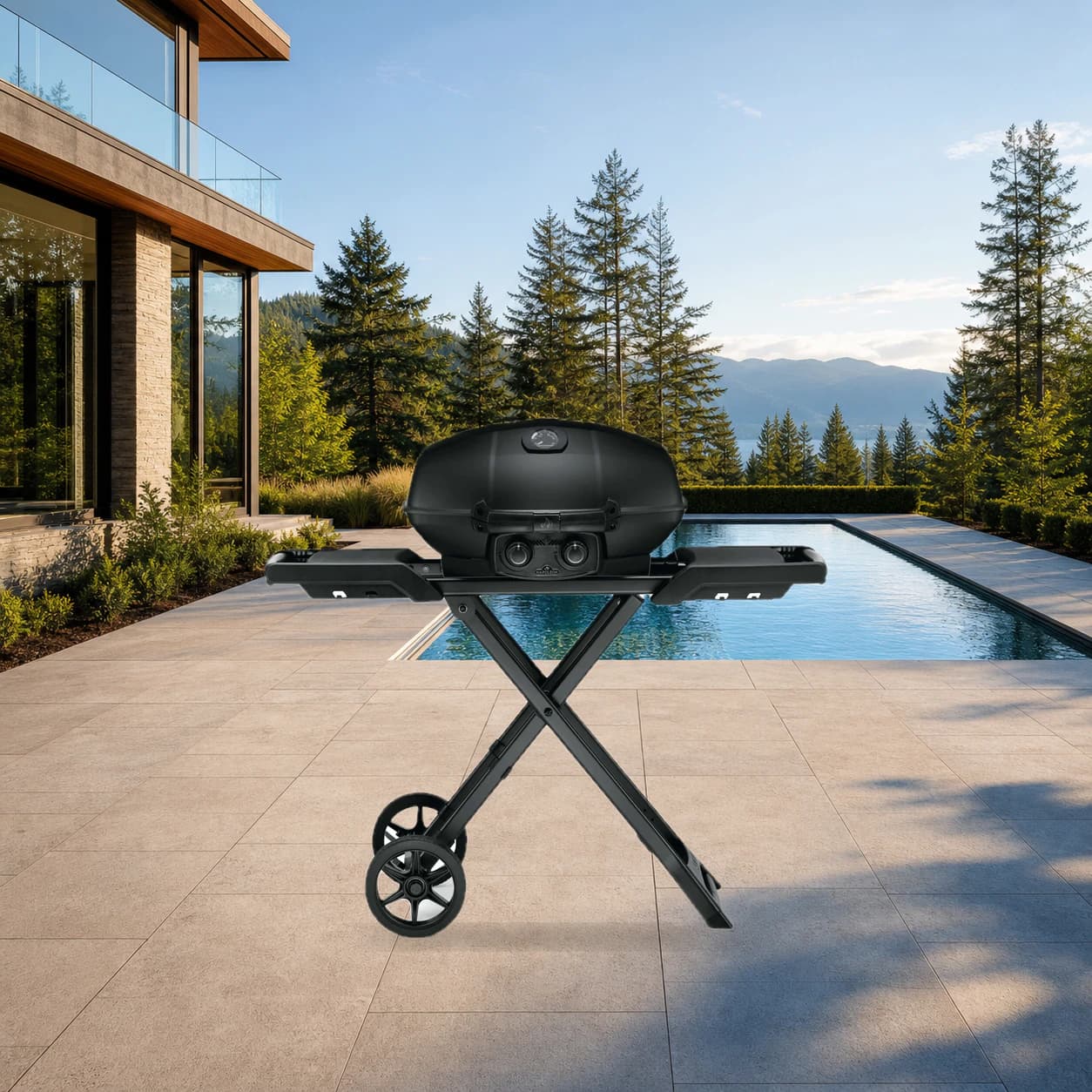 PHANTOM TravelQ® PRO 285 Portable Gas Grill with Scissor Cart, Matte/Matt Black in a modern poolside backyard