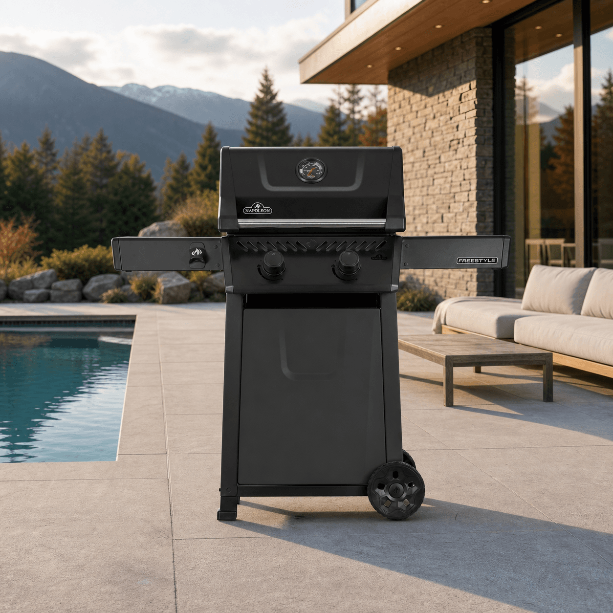 Freestyle™ 365 2-Burner Natural Gas Grill, Matte Black in a modern poolside backyard