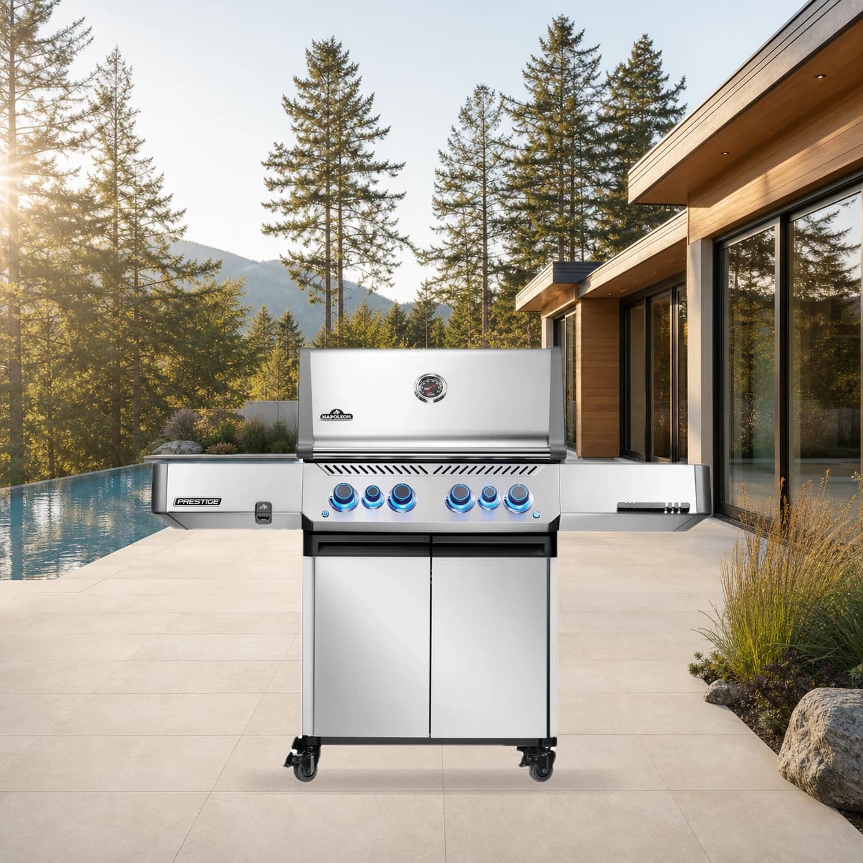 Prestige® 500 Natural Gas Grill with Infrared Side and Rear Burner, Stainless Steel in a modern poolside backyard