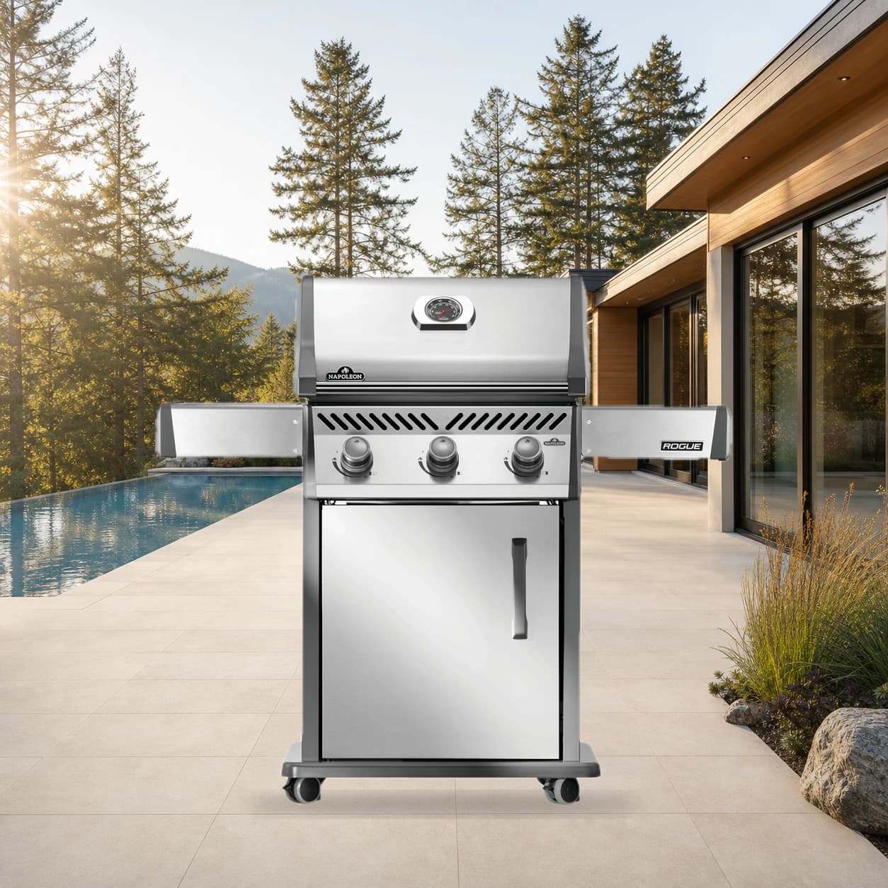 Rogue® 425 Natural Gas Grill, Stainless Steel in a modern poolside backyard