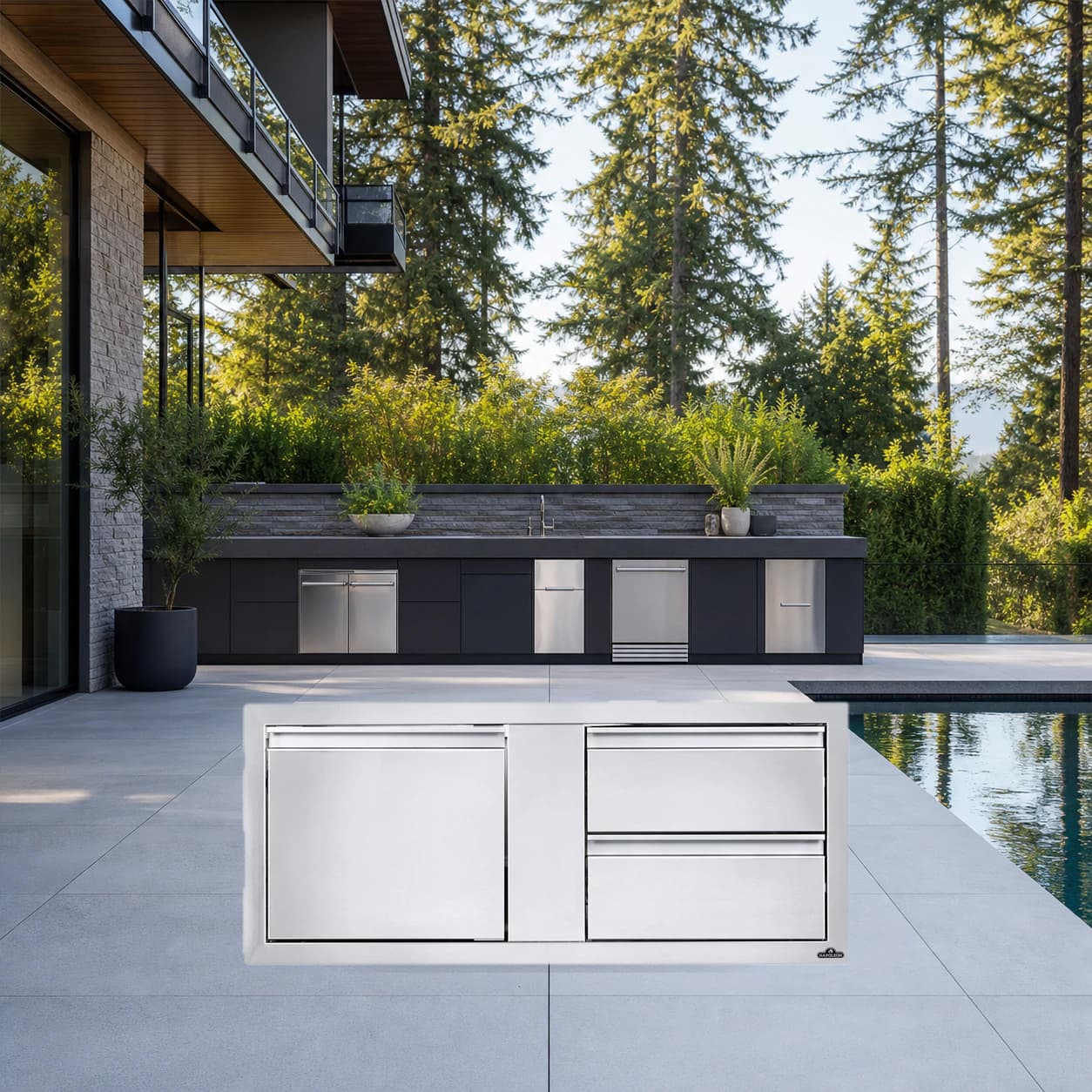 42" X 16" Single Door & Double Drawer Combo in a modern poolside backyard