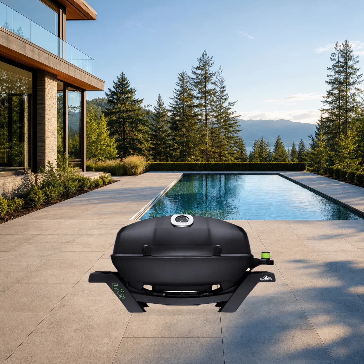 TravelQ™ PRO285E Portable Electric Grill, Black in a modern poolside backyard