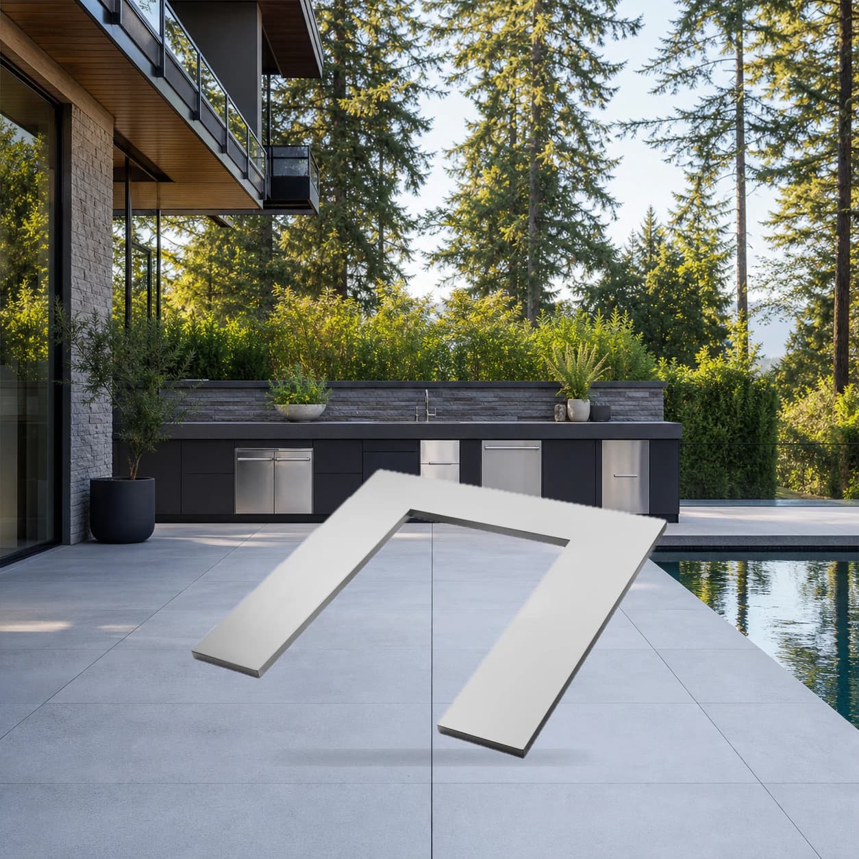 OASIS® 24" x 24" Stainless Steel Countertop with 12" Burner Cutout in a modern poolside backyard