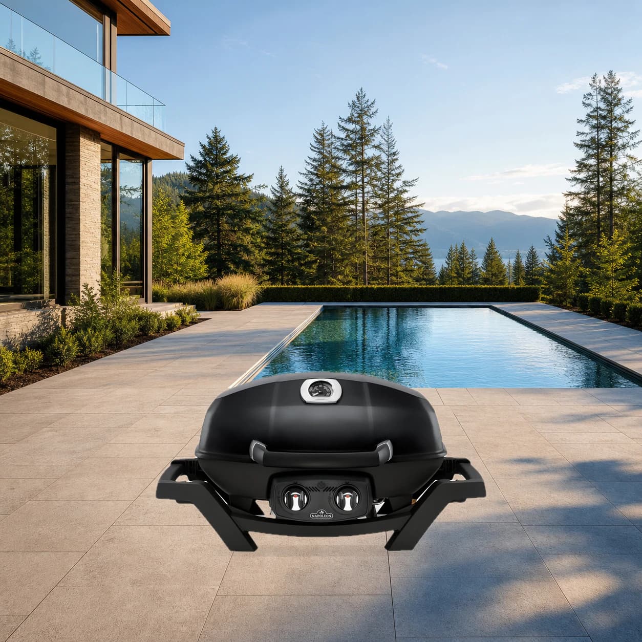 TravelQ™ PRO285 Portable Propane Gas Grill, Black in a modern poolside backyard