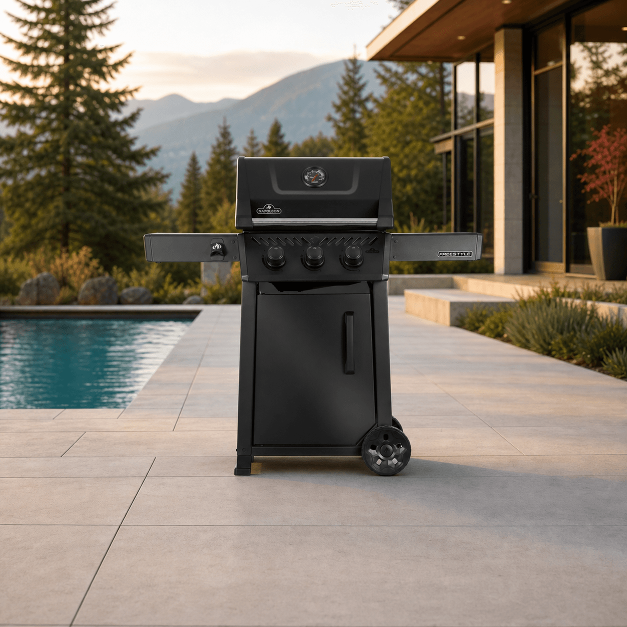 Freestyle™ 365 3-Burner Natural Gas Grill, Matte Black in a modern poolside backyard
